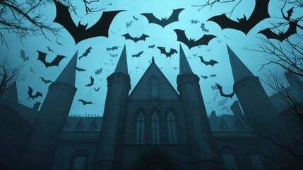 Bats flying over a creepy castle, Halloween night