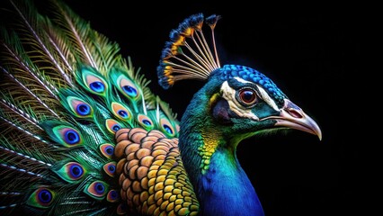 Obraz premium Stunning Closeup of a Majestic Peacock on Black Background - Vibrant Colors and Intricate Feather Details
