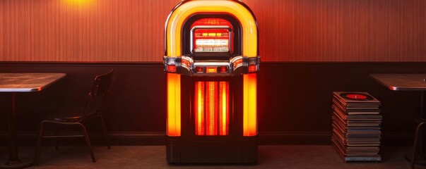 A vintage jukebox stands in a cozy diner, illuminated with warm orange lights, evoking nostalgia and classic music vibes.