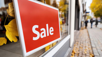 Sale Sign in Store Window During Autumn Season, AI