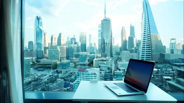Horizontal video footage, view from hotel window overlooking urban landscape, skyscrapers, big city, metropolis