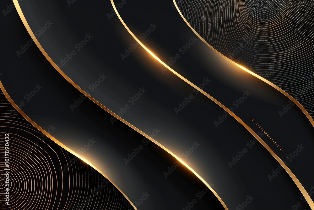 Aufkleber modern abstract black curve shape on dark background with shiny golden curve stripes line. luxury an