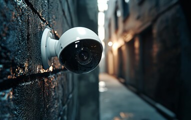 High-tech surveillance camera zooming in on a masked criminal in a dimly lit urban alleyway