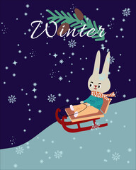 Winter card with rabbit sledding