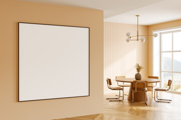 Modern interior with blank framed poster on wall. 3D Rendering