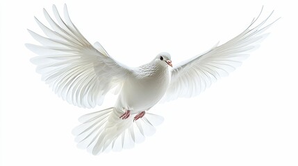 A White Dove in Flight with Spread Wings Against a White Background