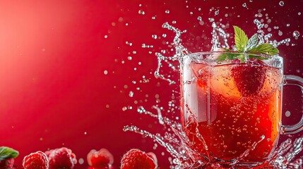 Raspberry Infused Drink with Splashing Water and Mint