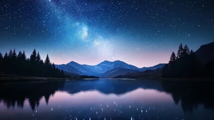 Magical river flowing under a pastel sky, stars twinkling on the surface of the water, surrounded by glowing trees and serene mountains in the background