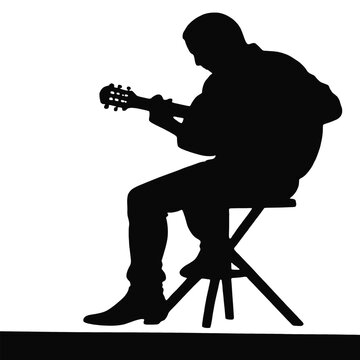 recommend clip art: A silhouette of a man playing an acoustic guitar while sitting on a stool 