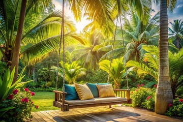 Fototapeta premium Tropical Fashion Photography with Wooden Swing in Lush Palm Tree Garden