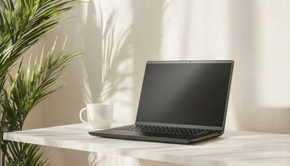 Realistic laptop mockup on a minimalist desk with customizable screen, coffee cup, and plants in the background