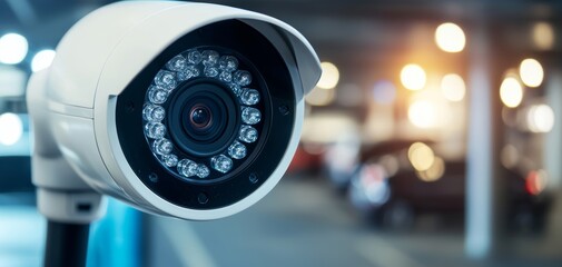 Security camera from a parking garage capturing a car thief breaking into a vehicle at night
