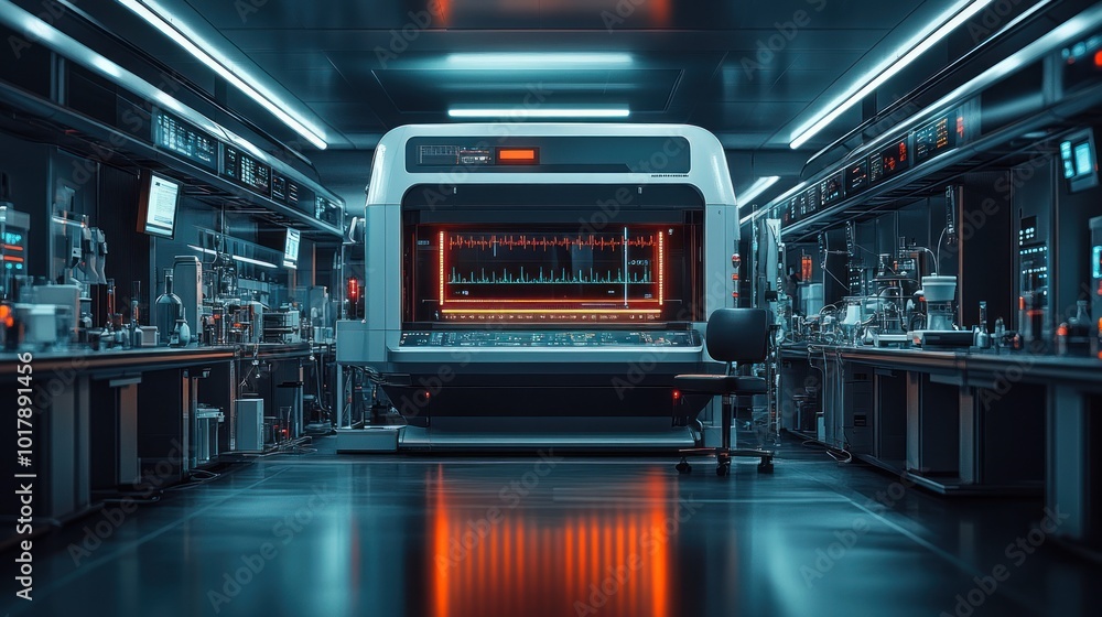 Poster high-tech laboratory with advanced equipment and illuminated workspace.