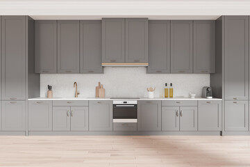 Modern kitchen interior with gray cabinets and wooden floor. 3D Rendering