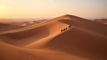 rolling sand dunes with the silhouette of a solitary camel caravan at dusk