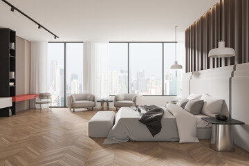Modern bedroom interior with city view from large windows. 3D Rendering