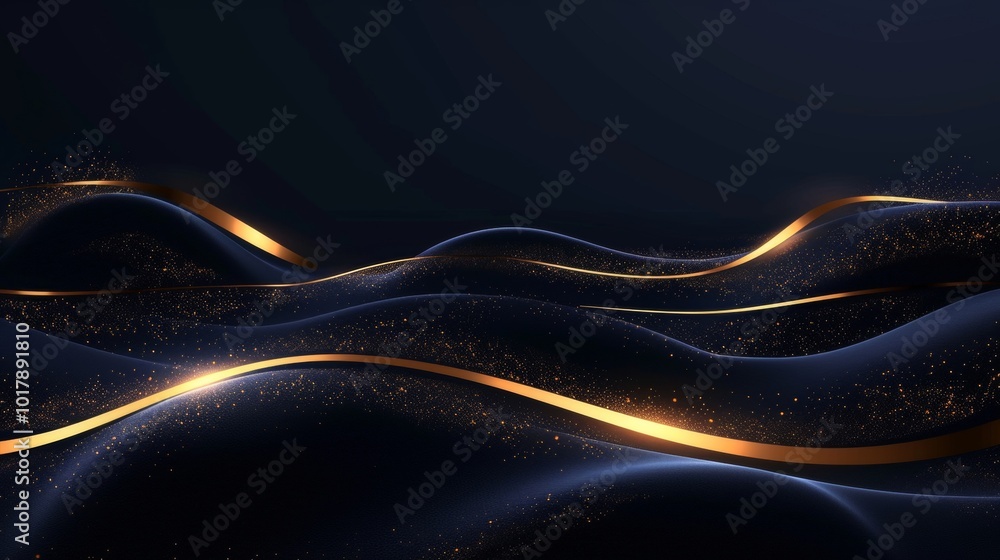 Poster abstract dark blue wave shape background with glitter golden wavy lines. modern simple wave pattern 