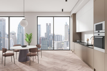Modern kitchen interior with dining area and city view. 3D Rendering
