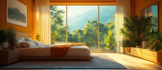 Fototapeta premium Modern bedroom with large windows overlooking a lush green forest.