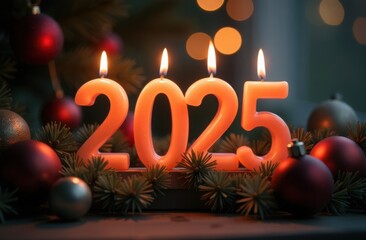Burning candles against the background of New Year and Christmas decorations. Holiday background Happy New Year 2025. Space for text. Numbers of year 2025 made by burning candles.