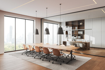Modern office interior with wooden table and chairs, workplace and window