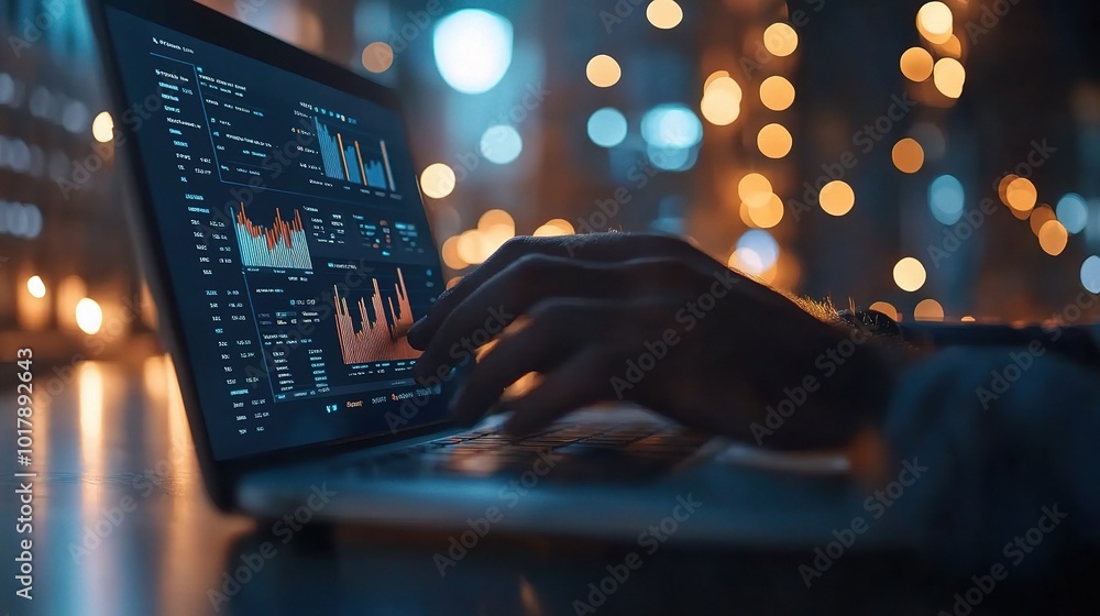 Poster data analysis on laptop with abstract bokeh lights