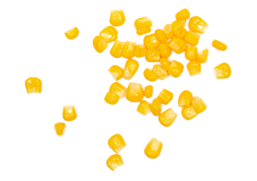 Yellow boiled wet corn isolated on white background, top view