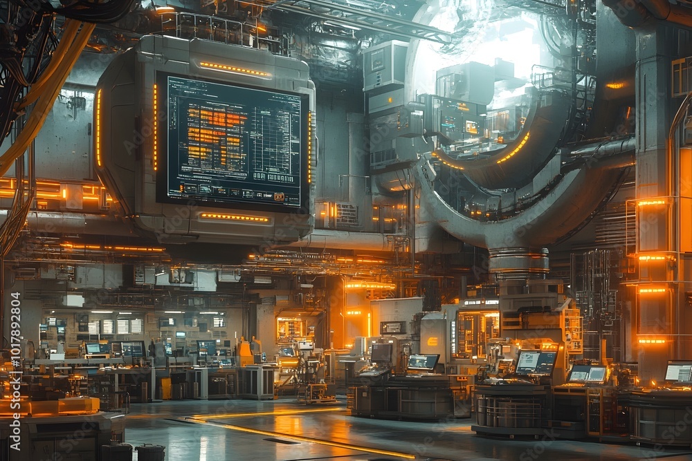 Poster futuristic smart factory interior with advanced automation machinery and interconnected systems
