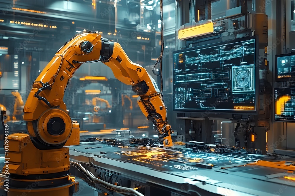 Poster futuristic industry 4 0 smart factory showcases advanced automation robotics and interconnected