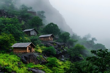 A foggy morning in a village