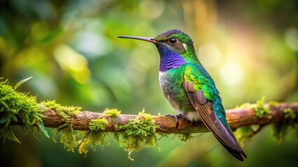 Naklejka premium A hummingbird perched on a branch in a vibrant forest