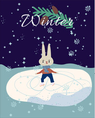 Winter card with rabbit skating