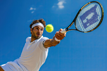 Tennis player in white uniform swinging a racket to hit a yellow ball against a blue sky