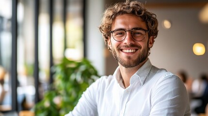 Obraz premium Smiling Young Man in Modern Cafe Setting