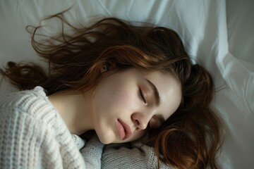 Peaceful Young Woman Sleeping on Silky Bed with Soft Lighting and Natural Makeup