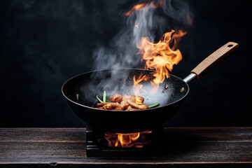 Stir-fry cooking in a wok on an open flame with ingredients including meat and green beans, releasing smoke and flames in a dark kitchen setting.