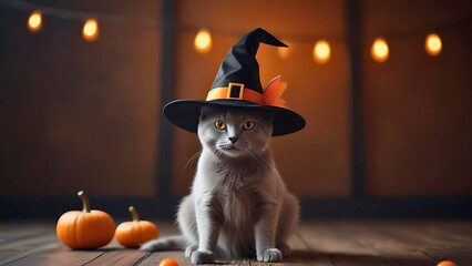 Halloween cat in witch hat sitting on wooden floor with orange pumpkins on bokeh in the background with copy space