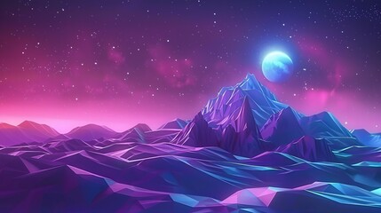 Futuristic synthwave background with low poly hills and neon sunset - vibrant modern digital art inspired by 80s retro aesthetics and cyberpunk design, perfect for eye-catching wallpaper or creative p