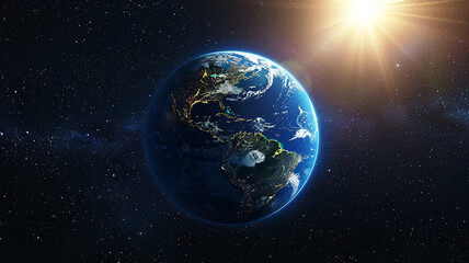 Fototapeta premium Panoramic view of the round planet from space against the background of the black sky