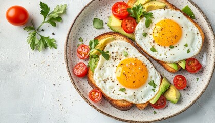 Healthy Breakfast Avocado and Egg Toast with Cherry Tomatoes on a Rustic Plate, Top View
