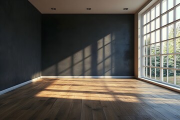 Obraz premium Bright and Airy Minimalist Room with Dark Walls and Wooden Floor