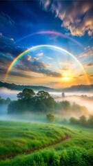 Naklejka premium foggy morning landscape with a vibrant rainbow arc background