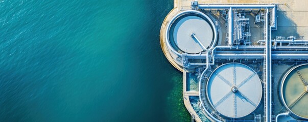 Aerial view of a water treatment facility showcasing large circular tanks beside clear blue water, highlighting industrial architecture.