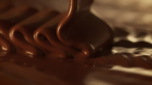 Super Slow Motion Detail Shot of Pouring and Rippling Premium Melted Chocolate at 1000fps.