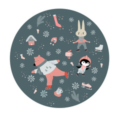 Vector card with cute animals doing winter outdoor atctivities