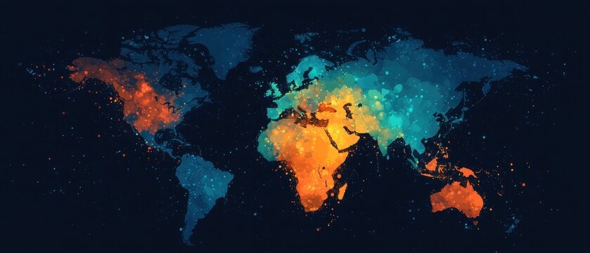 A Watercolor World Map with Blue and Orange Hues