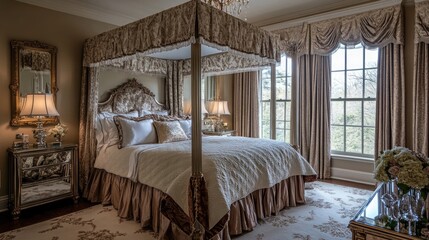 A lavishly decorated guest bedroom with a four-poster bed