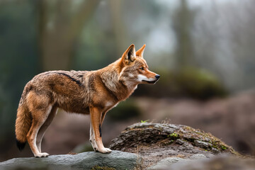 Obraz premium A side view of a coyote standing on a rocky terrain in a blurred forest background. The coyote's fur is detailed with a mix of brown and gray shades.