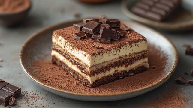 A tempting slice of classic Italian tiramisu dessert, beautifully layered with cocoa, creamy mascarpone, and sprinkled with chocolate pieces on a rustic plate.