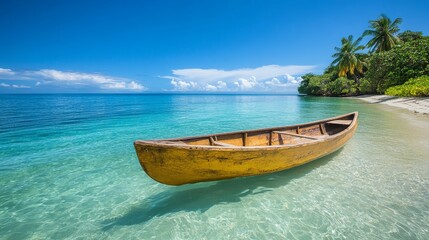 Naklejka premium A wooden canoe rests on the pristine turquoise waters of a tropical beach, with lush palm trees lining the shore and clear blue sky overhead, evoking tranquility.